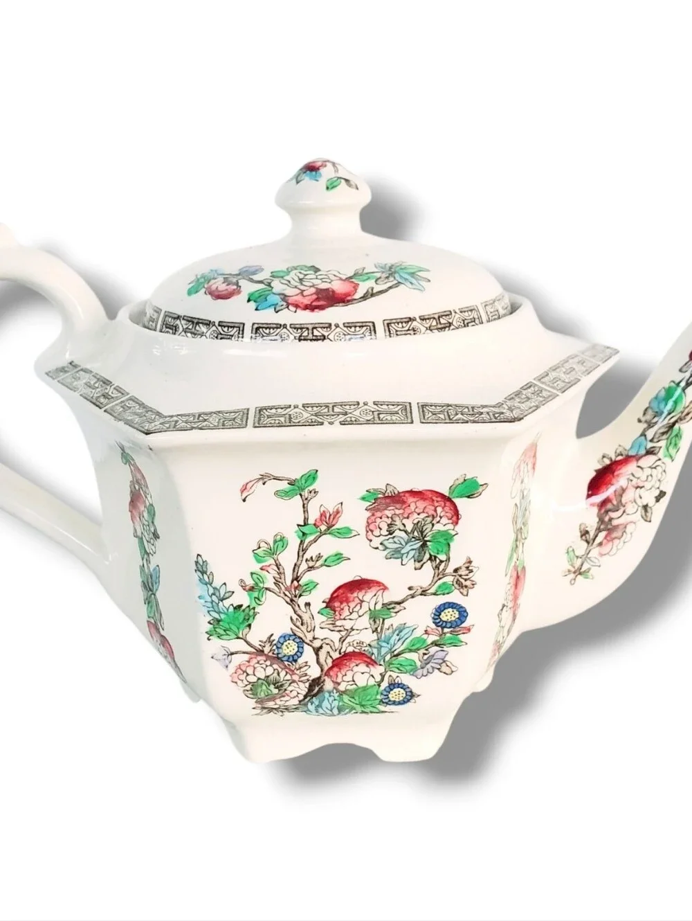 Vintage Floral Porcelain Teapot w/ Lid Asian Inspired English White Ceramic Gold